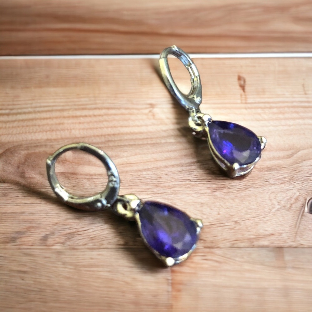 Yaomiao Crystal Dangle Cubic Zirconia Water Drop Earrings Women's Purple/Silver - Picture 5 of 7